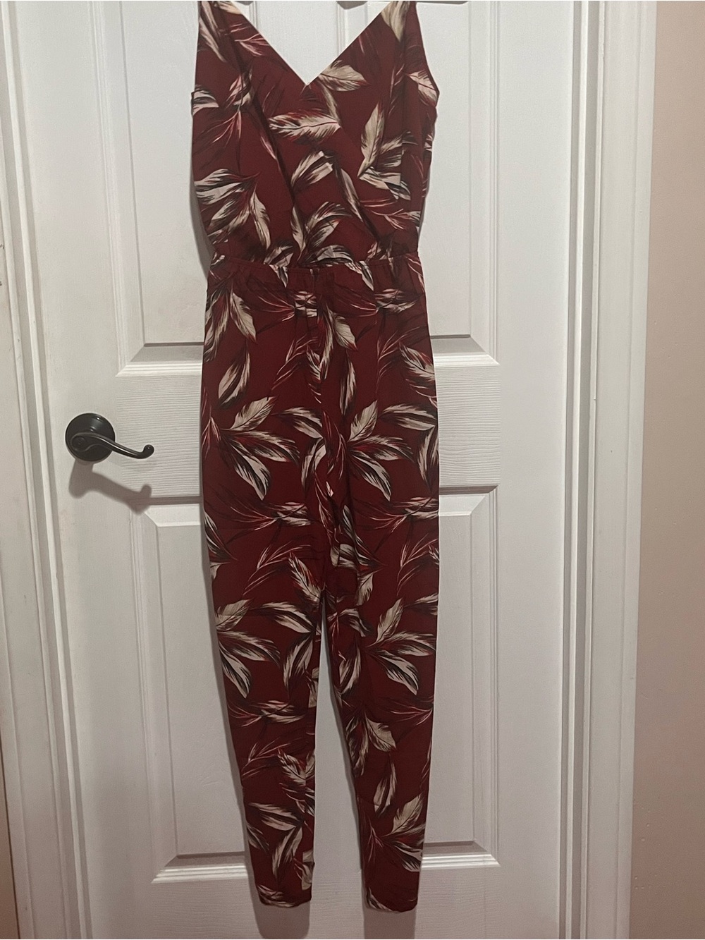 Timing bohemian beach tropical Sleeveless Burgundy Floral-Leaf Print Jumpsuit